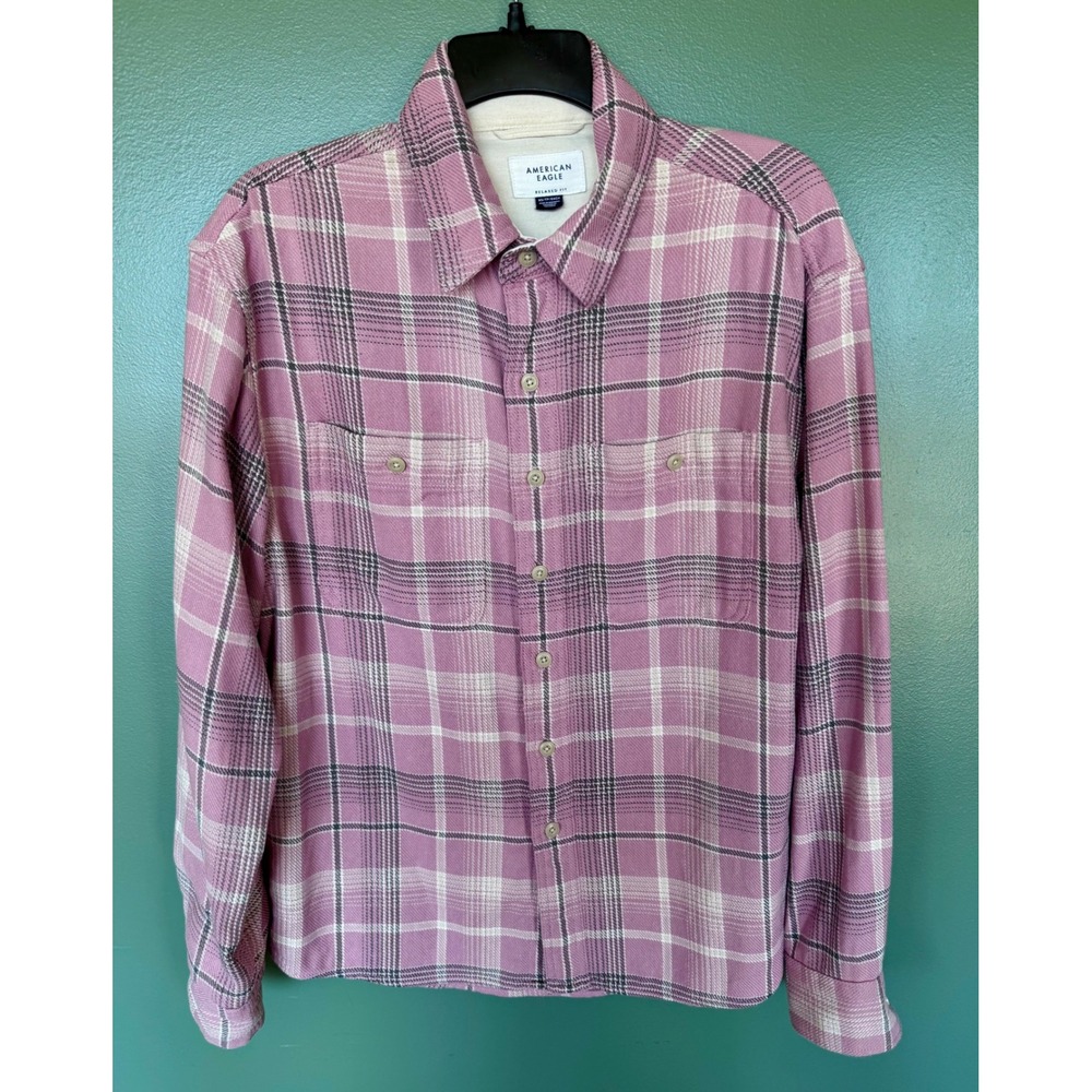 American Eagle Pink Plaid Flannel Shirt Relaxed Fit XS Long Sleeve Button Down